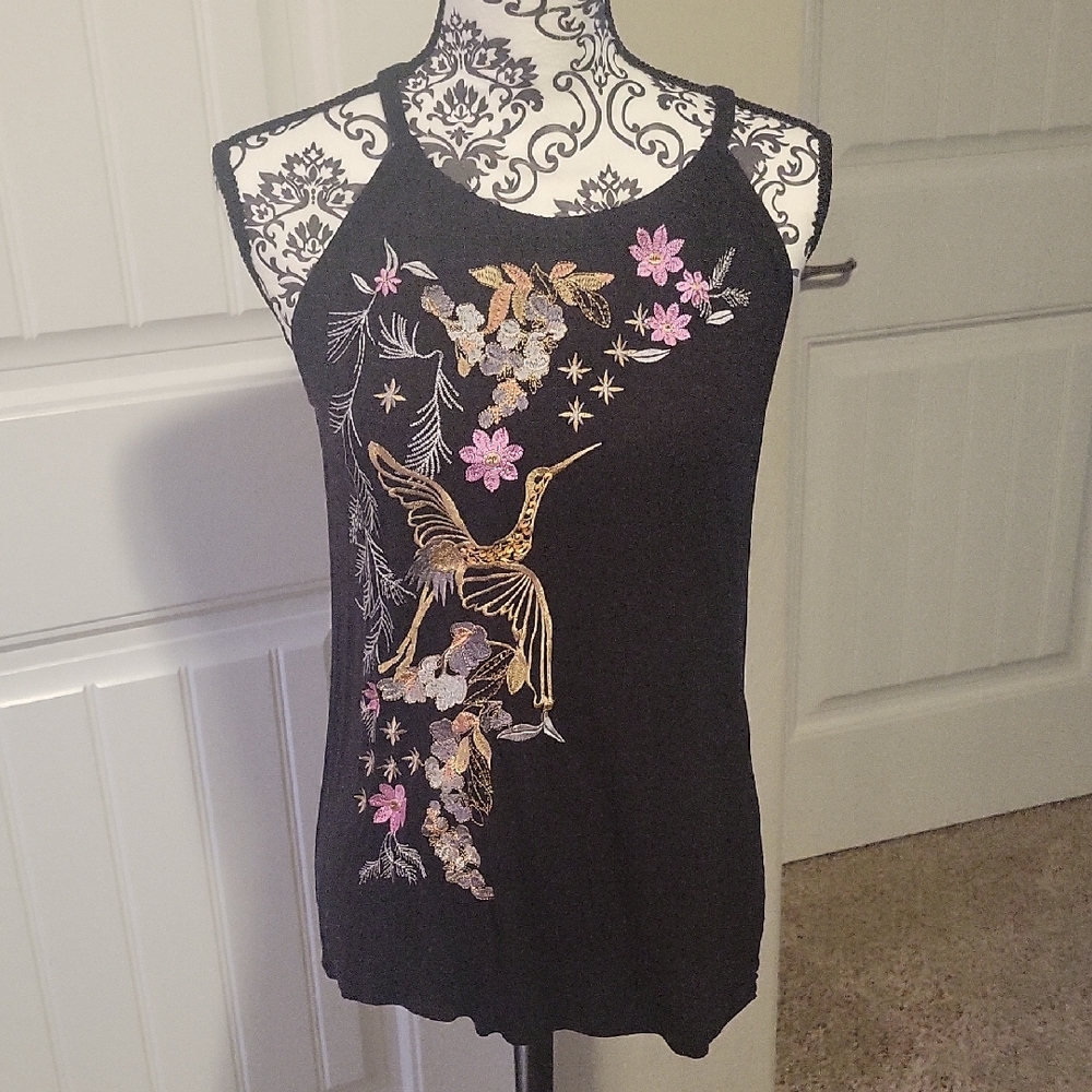 INC International Concepts Black Tank Top with Embroidery